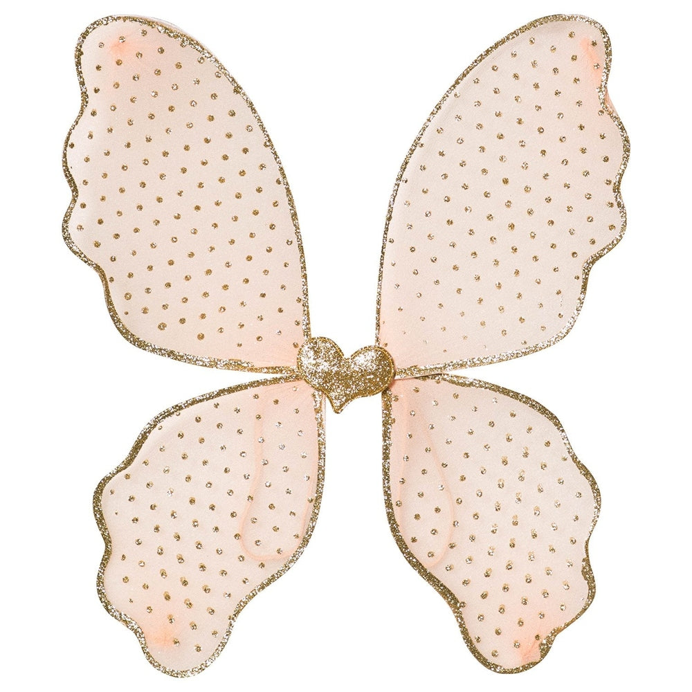 Mimi & Lula Sugar Plum Fairy Wings; pink sheer wings with gold glitter trim, dotted pattern, heart centerpiece