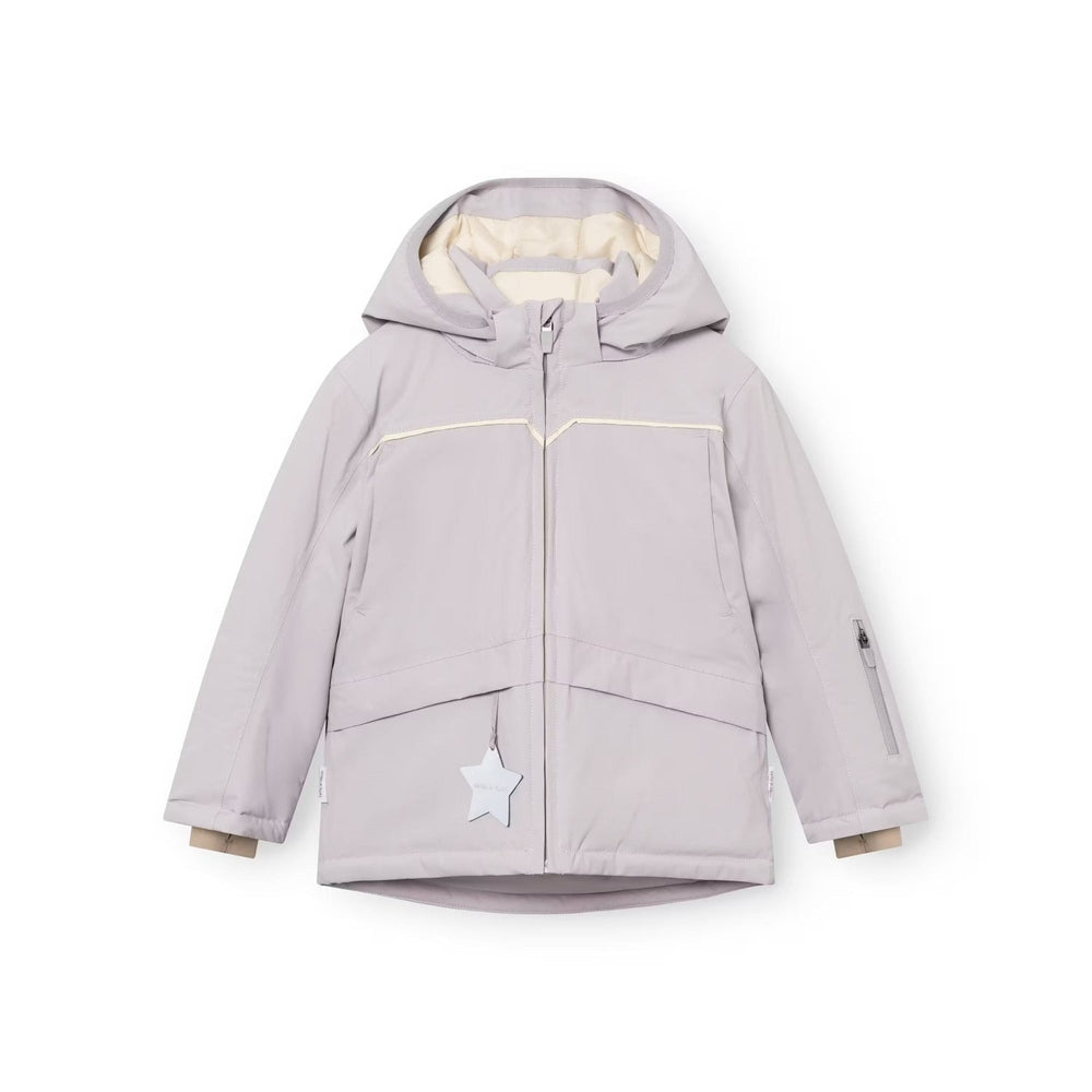 MINI A TURE Matadane Ski Tech Jacket Grs Purple Raindrops in soft lilac with hood and beige lining, zip pockets.