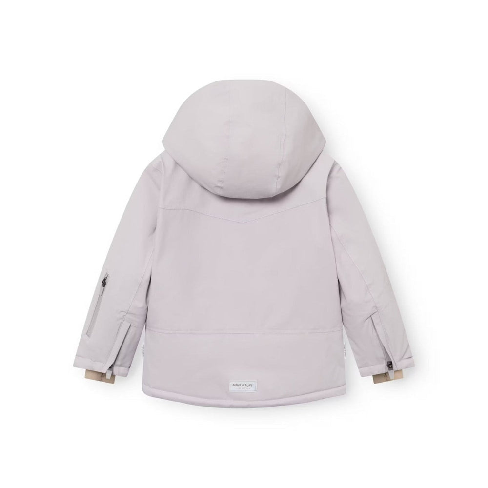 Mini A Ture Matadane Ski Tech Jacket Grs Purple Raindrops back view of a lavender hooded jacket.
