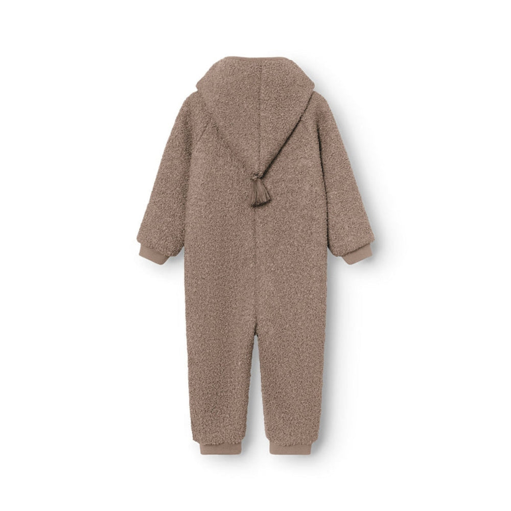 MINI A TURE Matadel teddyfleece jumpsuit in grey-brown, hood with tassel, cozy baby outerwear