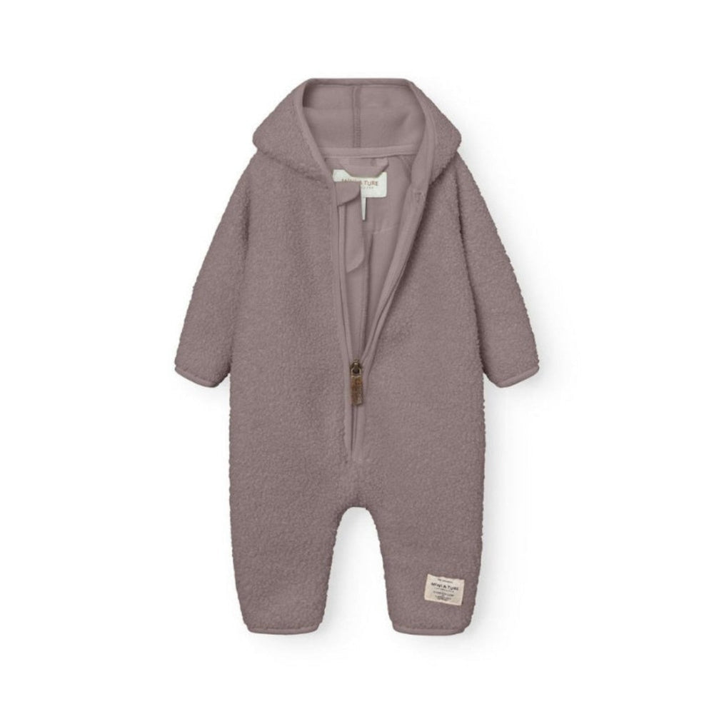 MINI A TURE Matadel teddyfleece jumpsuit in zinc purple with hood and front zipper
