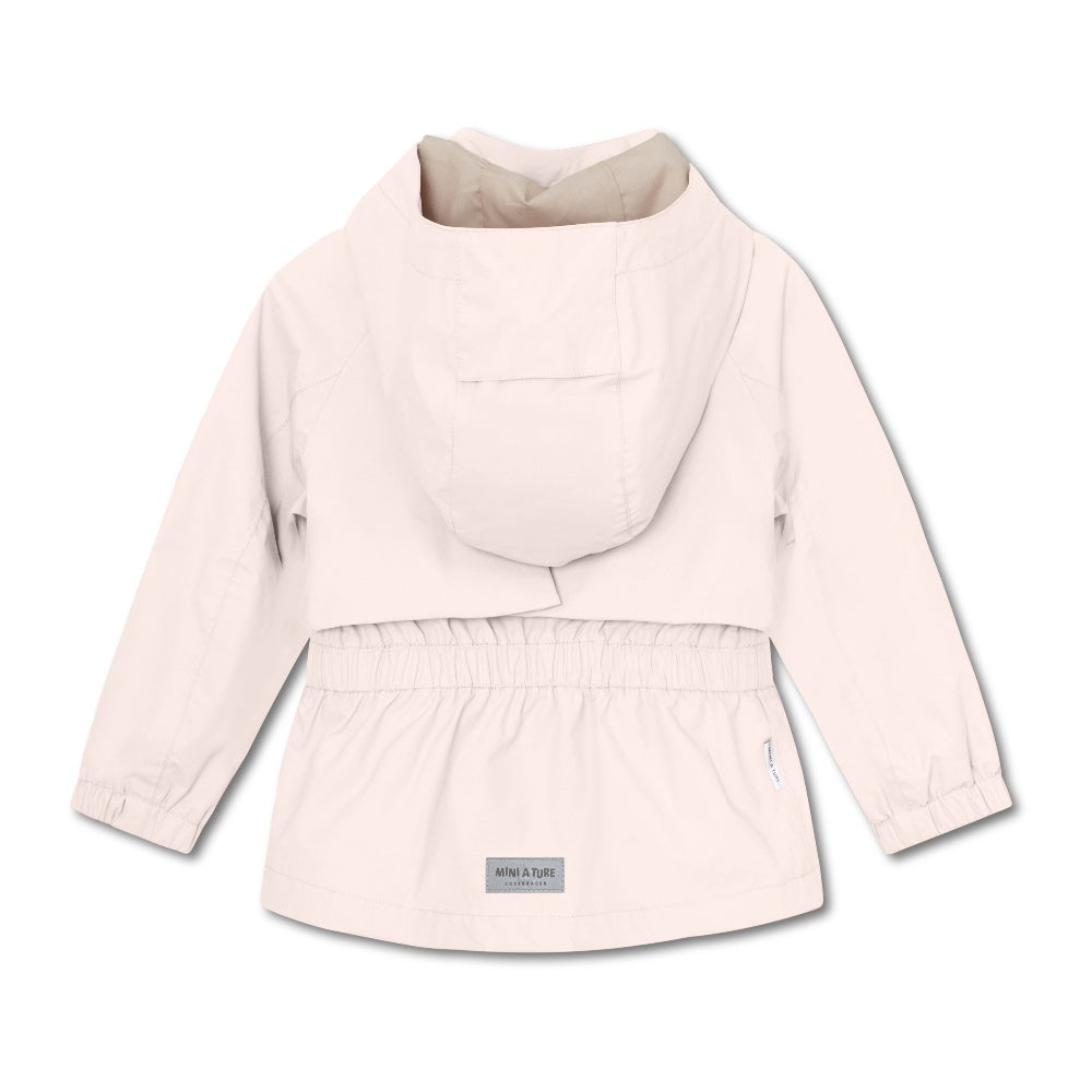 MINI A TURE Matalgea Spring Jacket Grs Silver Peony, back view reveals hood, elastic waist and soft pink fabric.