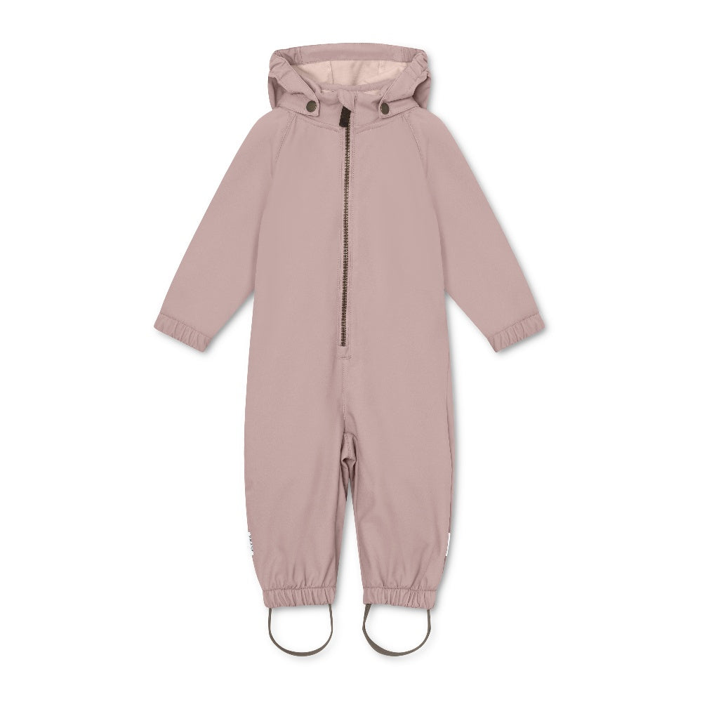MINI A TURE Matarno Spring Softshell Suit Cloudy Rose, hooded one-piece with front zipper and boot straps.