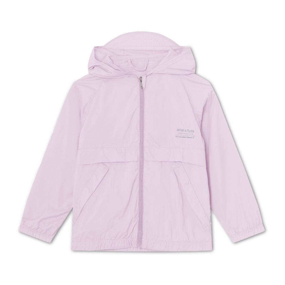MINI A TURE Matasla UV Jacket Grs Thistle, lilac hooded kid’s zip jacket with pockets
