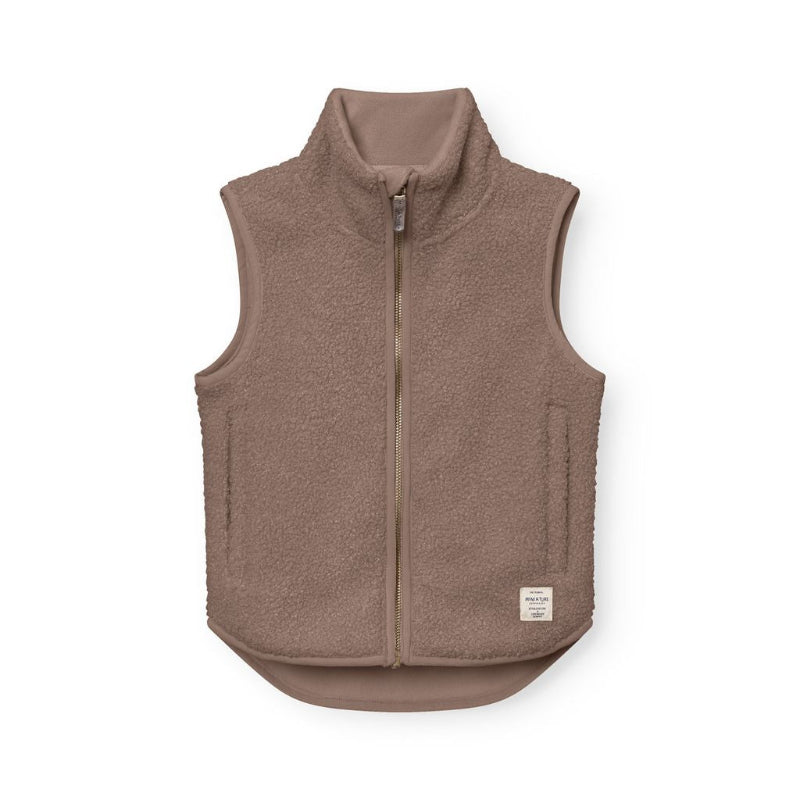 MINI A TURE teddyfleece vest Matbattal in taupe brown for babies with zip closure