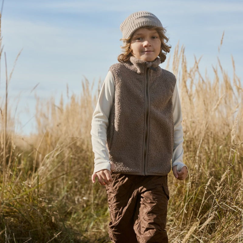 MINI A TURE Matbattal teddyfleece vest in grey-brown for toddlers, warm outerwear