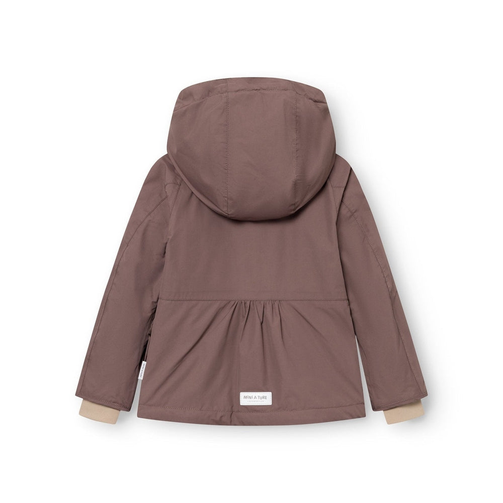 MINI A TURE Matbriddine fleece-lined winter jacket in plum for babies, hooded with beige cuffs