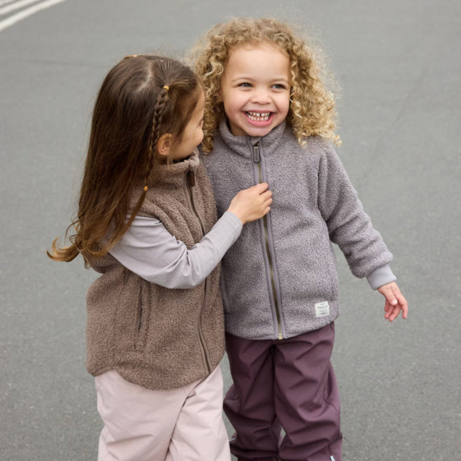 MINI A TURE Matcedric teddy fleece jackets for toddlers; gray and brown zip-up outerwear on two kids