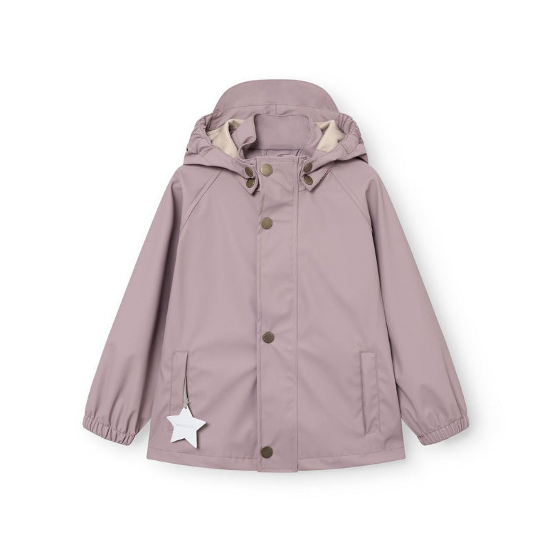 MINI A TURE Matreinar rain jacket in quail purple for kids with hood, snap-front, and star charm.