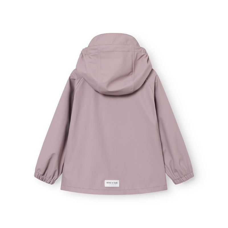 MINI A TURE Matreinar rain jacket in quail purple featuring hood and elastic cuffs