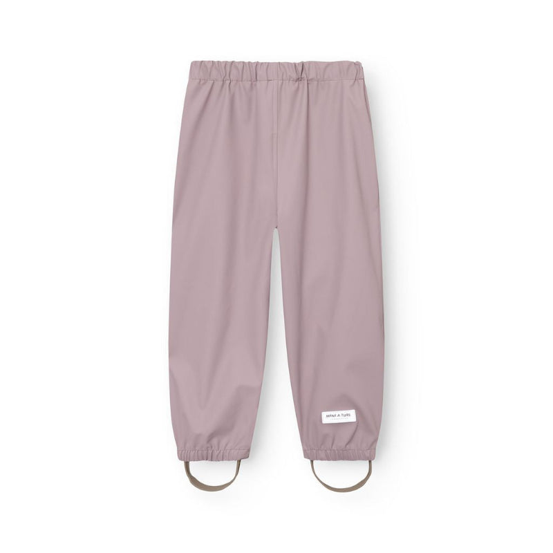 Mini A Ture Matreinar rain pants in quail purple with elastic waist, cuffed ankles, and boot straps