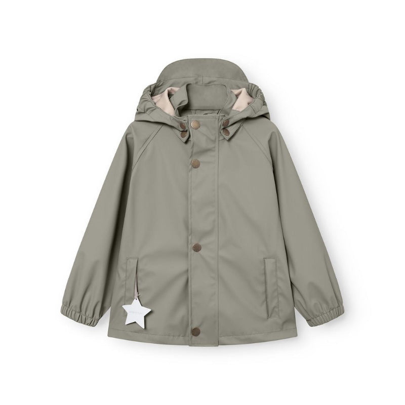MINI A TURE Matreinar rain jacket in olive green, hooded with brown buttons and a white star charm