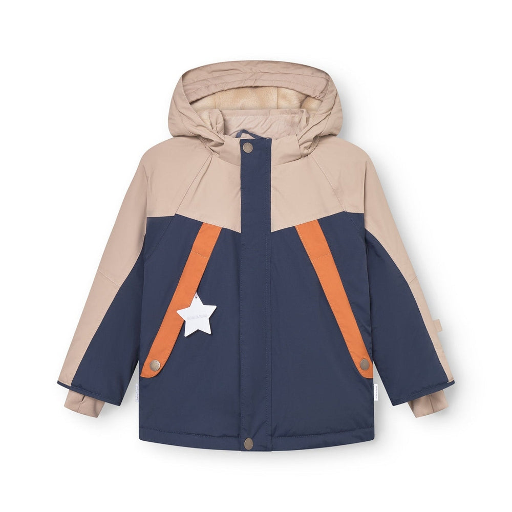 MINI A TURE Matvalonso fleece-lined ski jacket navy with beige panels, orange straps and hood