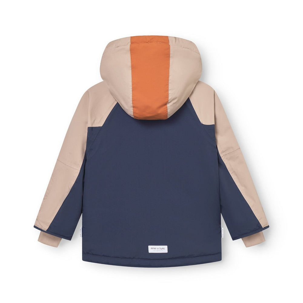 MINI A TURE Matvalonso fleece-lined ski jacket navy body with beige sleeves and orange hood stripe