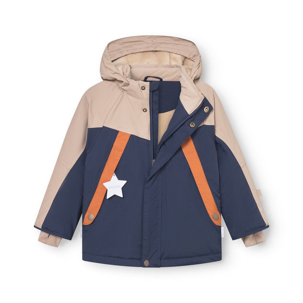 MINI A TURE Matvalonso fleece-lined ski jacket with hood; navy with beige panels and orange straps