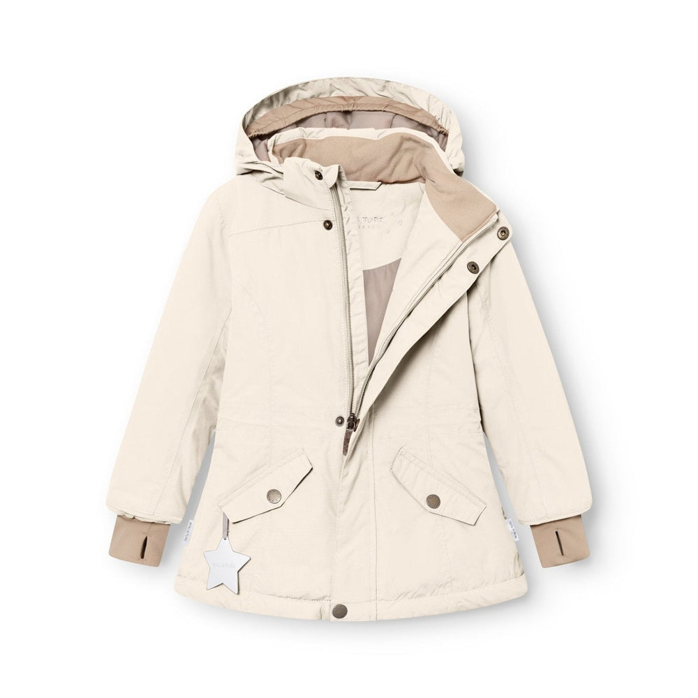 MINI A TURE Matvelaja winter jacket in cream angora with hood, zip front, and two flap pockets