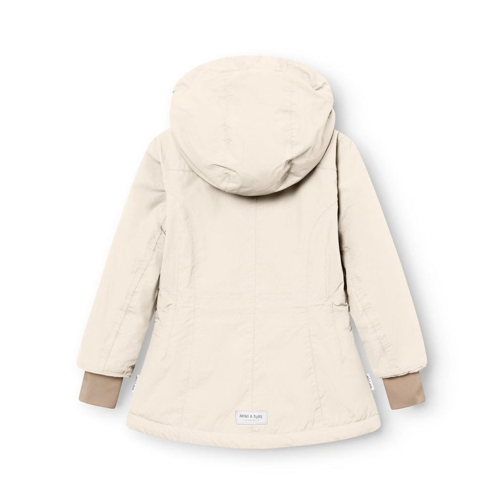 MINI A TURE Matvelaja winter jacket in angora cream, back view with hood and light beige cuffs