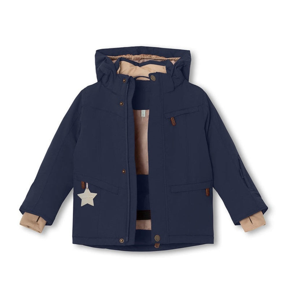 MINI A TURE Matvestyn Ski Jacket in navy with tan lining and star charm tag