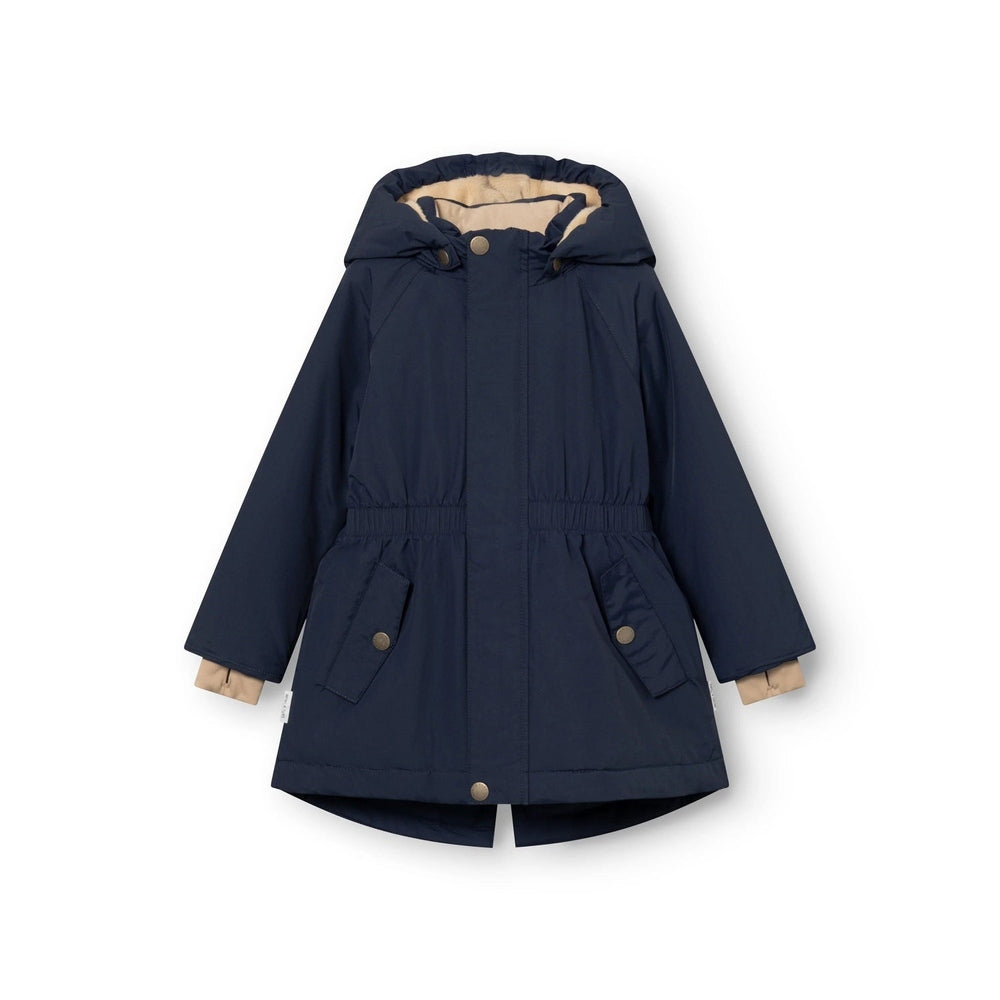 MINI A TURE Matvikania navy fleece-lined winter jacket with hood, beige cuffs and flap pockets