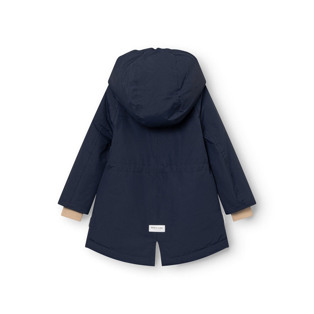 MINI A TURE Matvikania navy fleece-lined winter jacket for babies, back view with hood