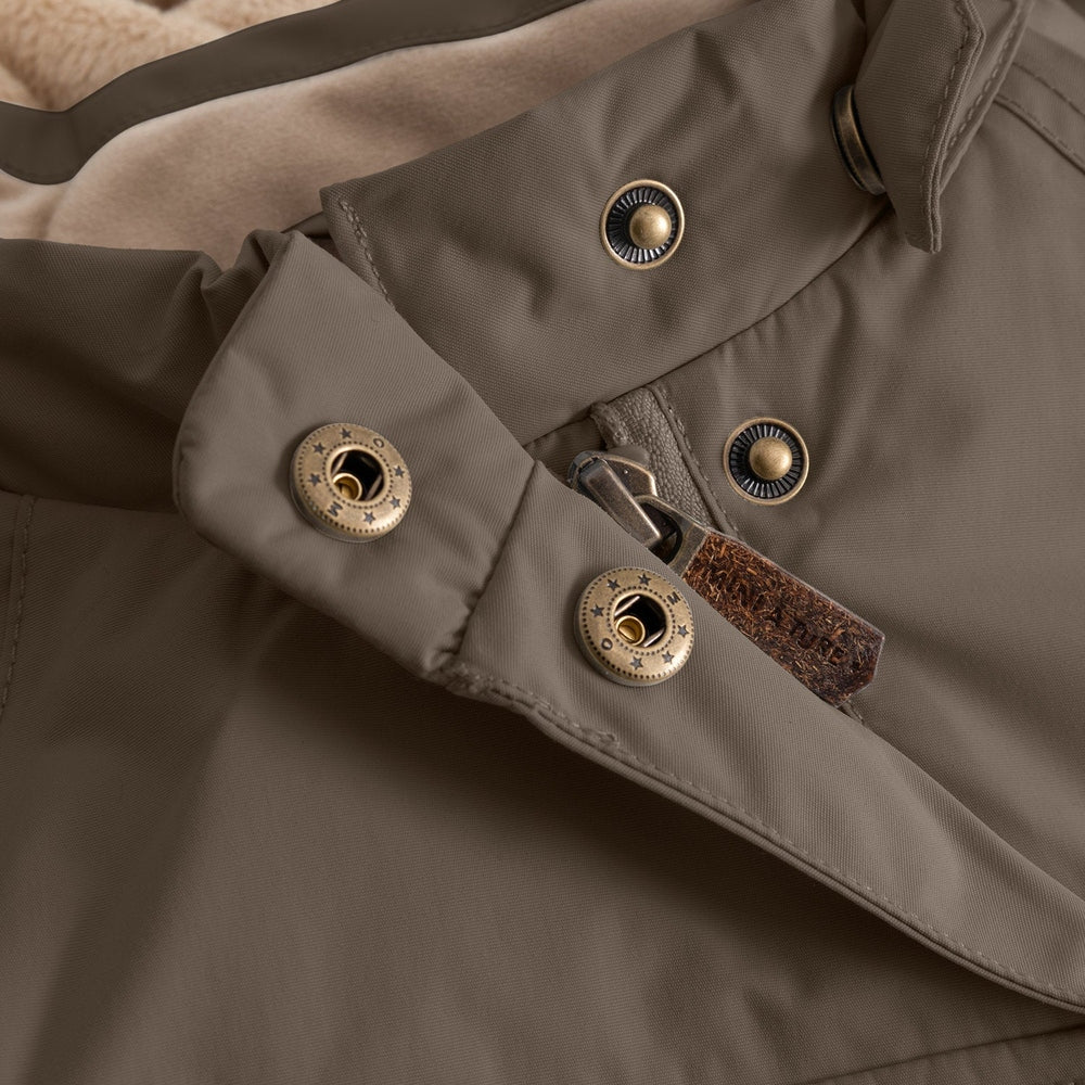 Mini A Ture Matwang fleece-lined winter jacket, tarmac green with brass snap buttons