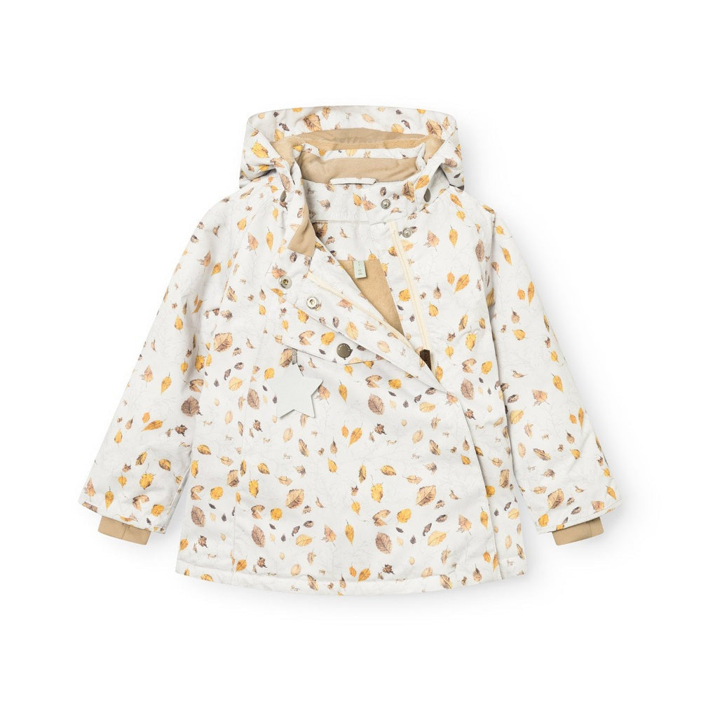 MINI A TURE baby jacket with fleece lining; white coat with autumn leaf print and hood