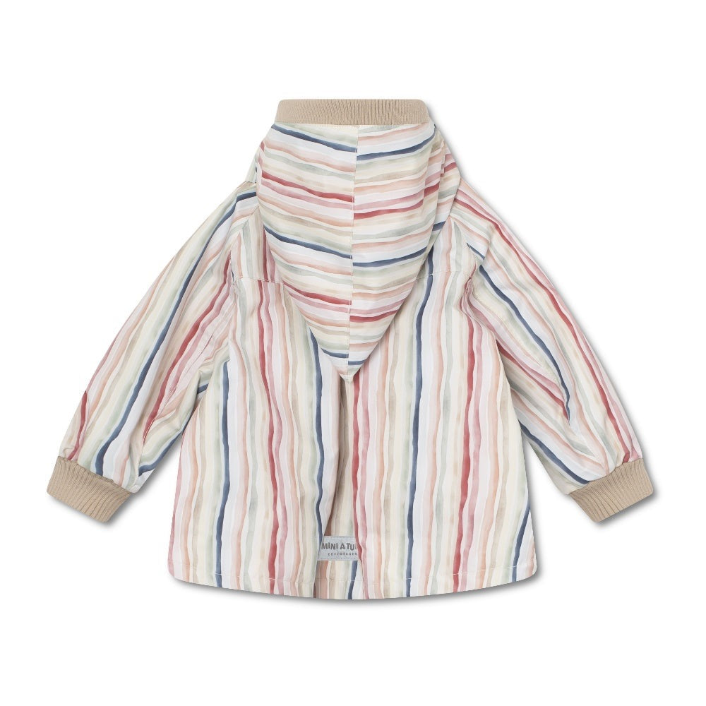 MINI A TURE Matwiami fleece-lined spring jacket with watercolor stripe print, hooded with beige ribbed cuffs