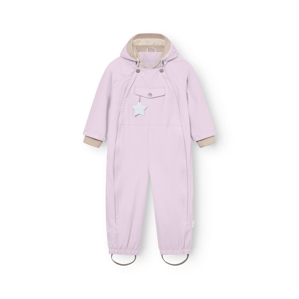 MINI A TURE Matwisto fleece-lined spring coverall in thistle lavender, hooded with beige lining and star charm tag.