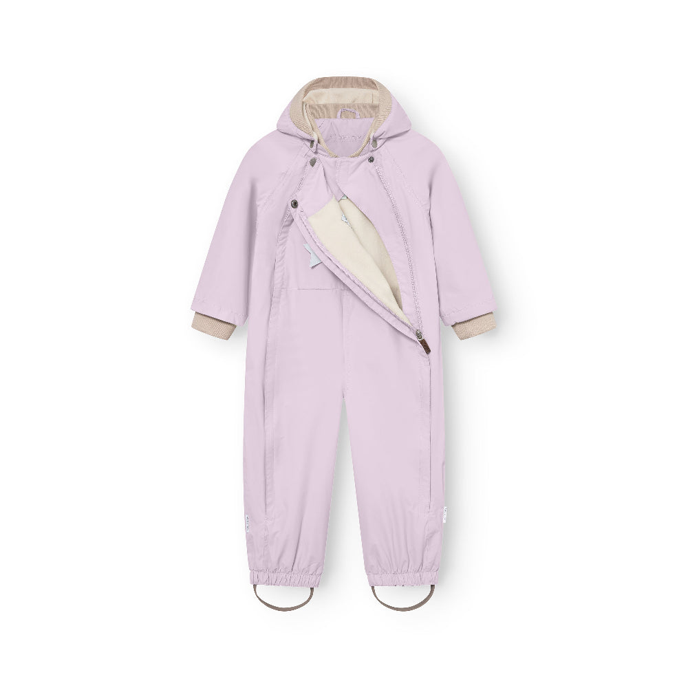 MINI A TURE Matwisto Fleece Lined Spring Coverall Grs Thistle, lavender hooded jumpsuit laid flat with fleece interior visible through the open zipper