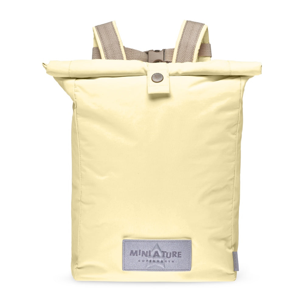 Mini A Ture Matwp Backpack Grs in pale yellow, roll-top closure, gray shoulder straps, front logo patch