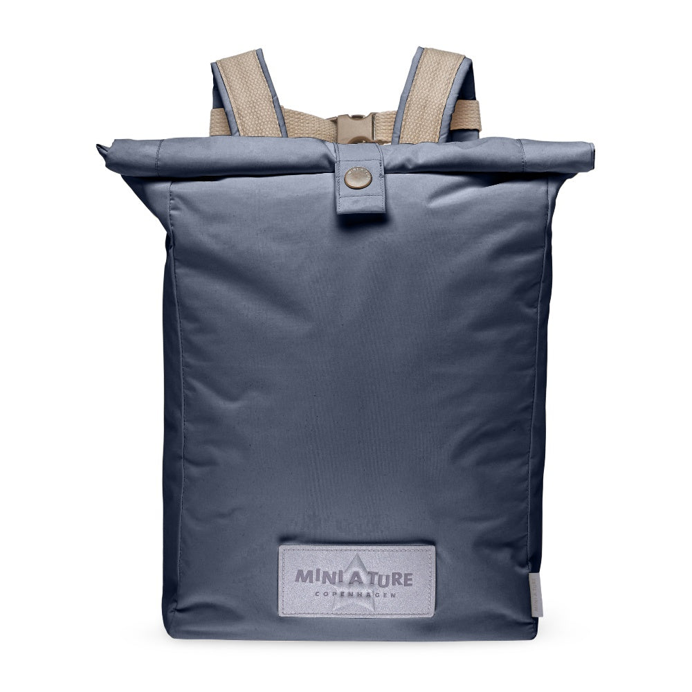 Mini A Ture Matwp Backpack GRS blue nylon with beige padded straps secured by a front buckle.