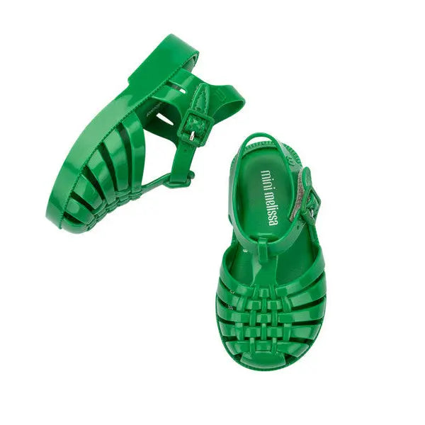 Mini Melissa Baby Possession Sandal Green, green plastic toddler sandals with buckle strap, shown top and side.