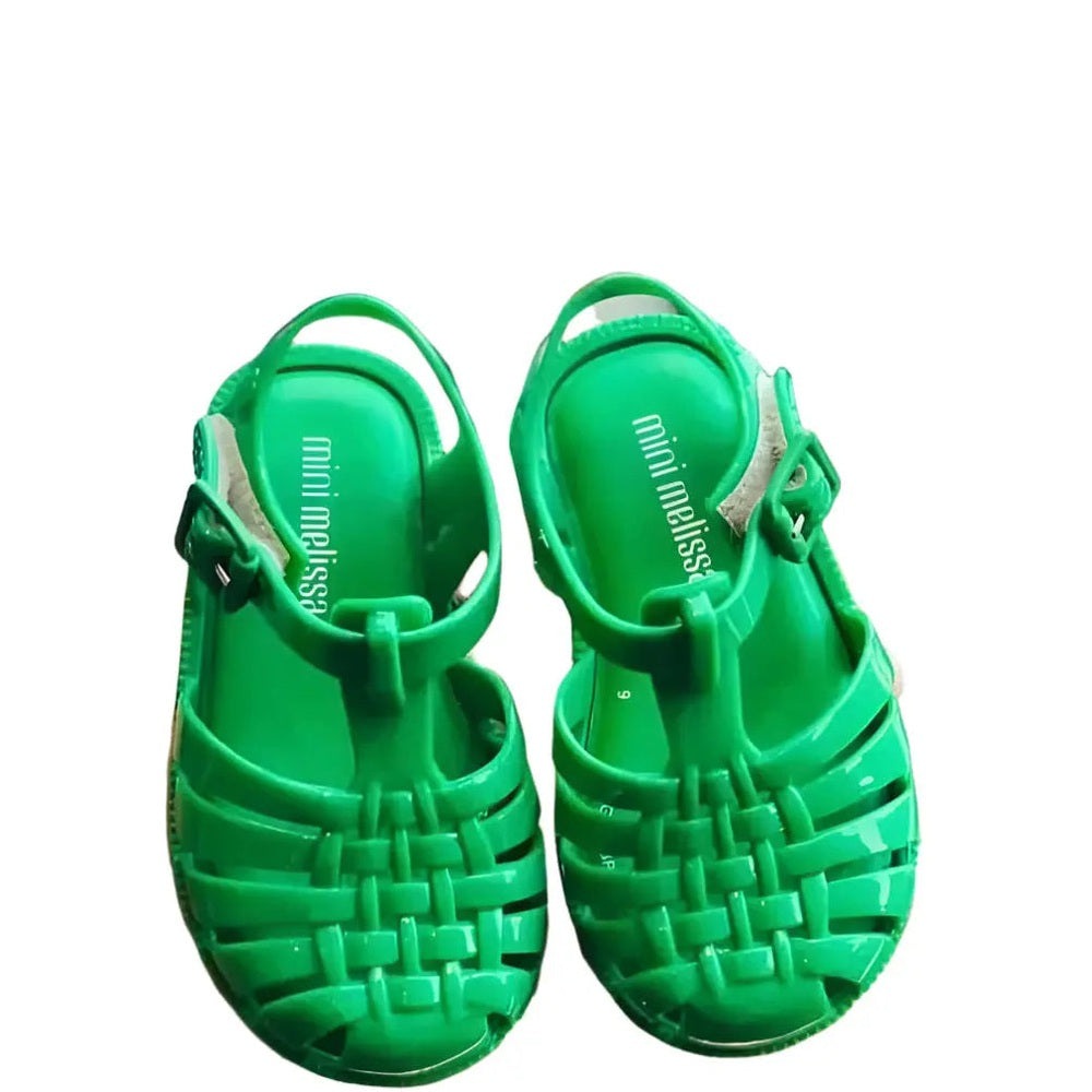 Mini Melissa Baby Possession Sandal Green jelly sandals, pair with woven toe design and adjustable ankle straps.