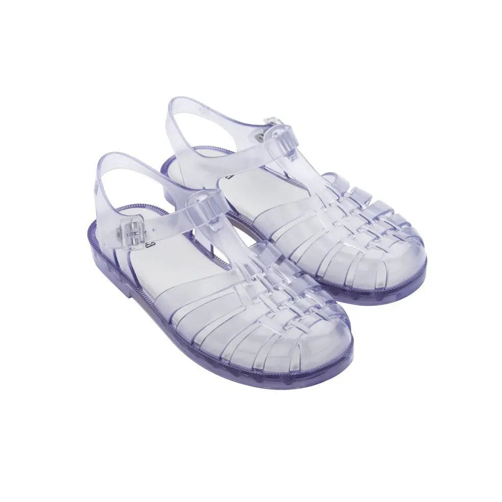 MINI MELISSA Mini Melissa Child Possession Sandal Clear Glass sandals, transparent jelly with purple soles, pair shown