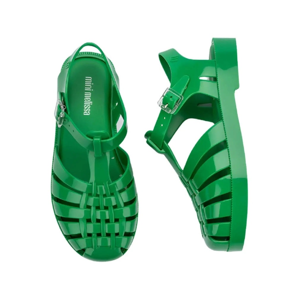 Mini Melissa Possession Sandal Green jelly sandals with buckled ankle strap and woven front panels; pair shown.