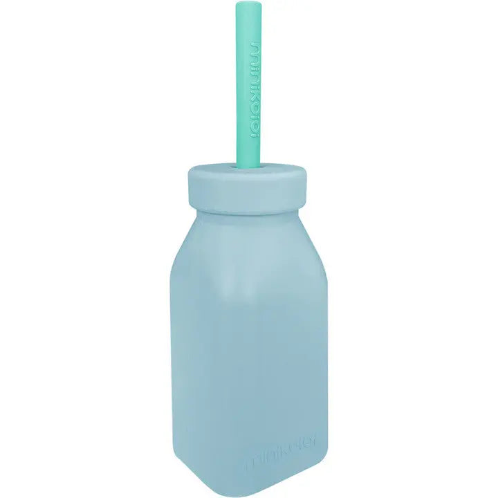 Minikoioi Bottle & Straw, light-blue silicone baby bottle with teal straw, straw inserted for sipping.