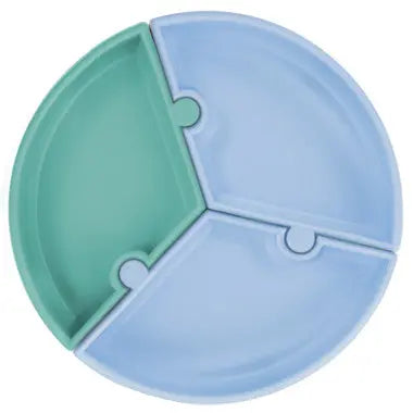 MINIKOIOI Puzzle Plate, blue and green three-section baby feeding plate with interlocking puzzle pieces.