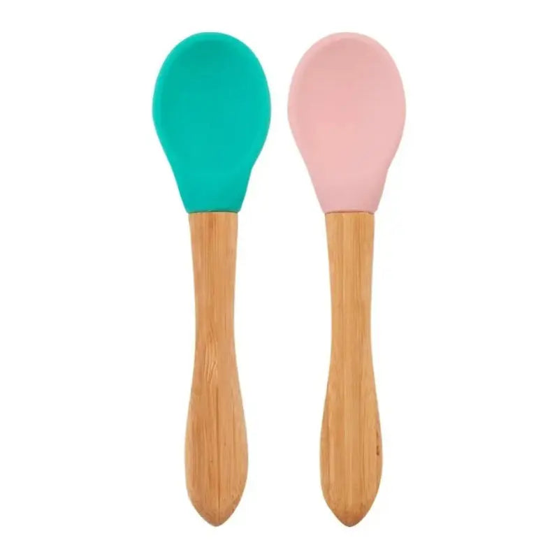MINIKOIOI Scoops Spoons Set of 2, teal and pink silicone heads on wooden handles, ready for baby feeding