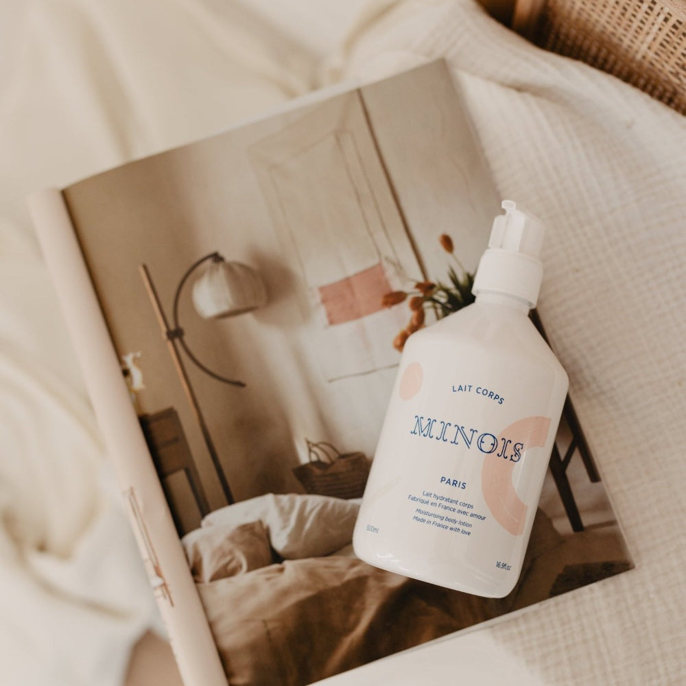 Minois Paris body lotion 500 ml, white bottle with pink accents, moisturizing bath and body lotion