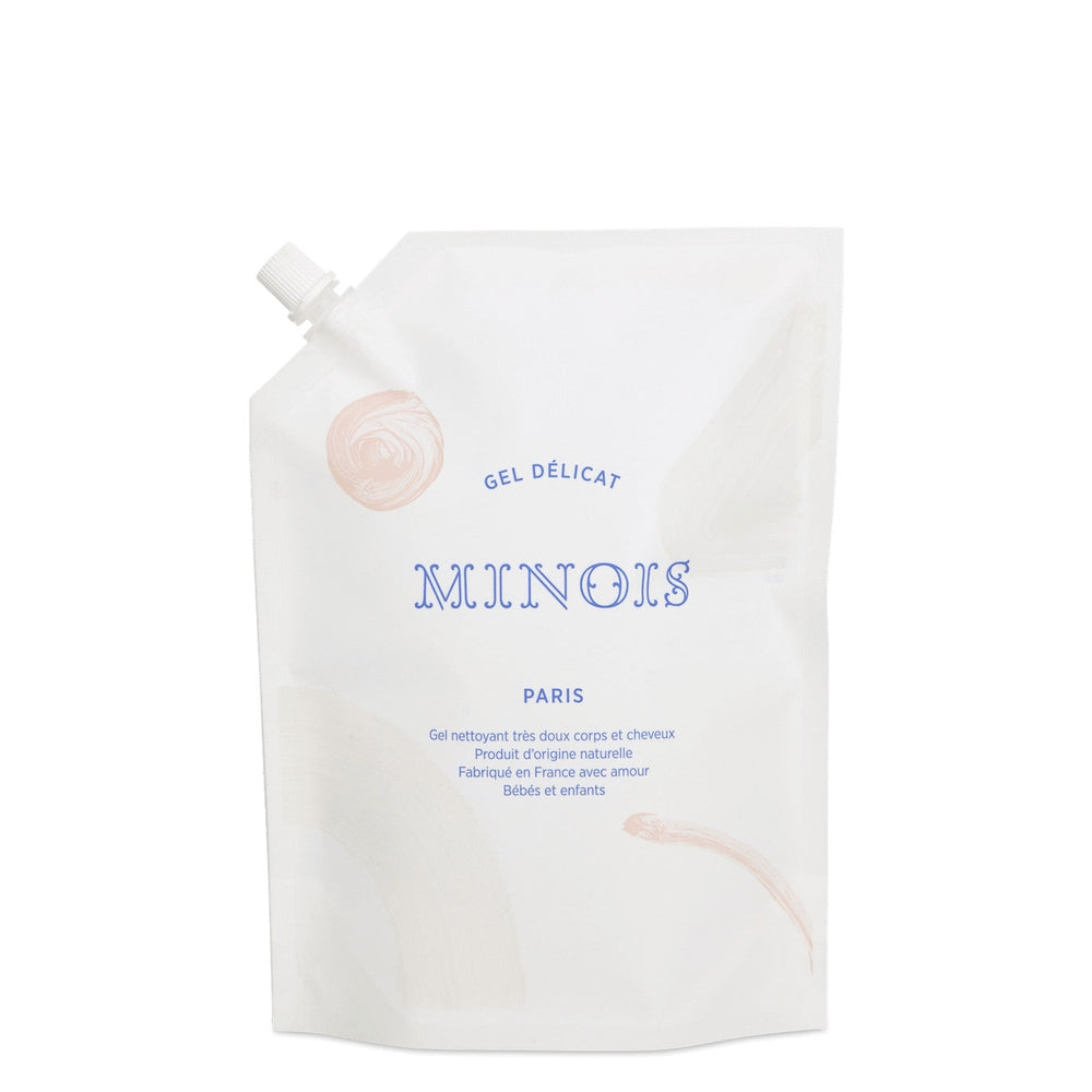 Minois Paris Delicate Gel refill pouch for body and hair, white with blue branding