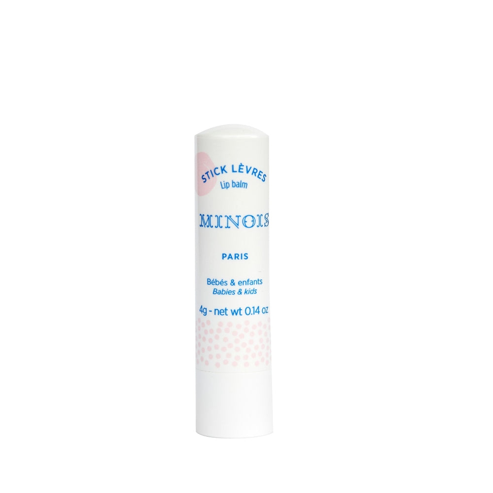 Minois Paris lip balm stick, white tube with blue logo and pink dots, 4 g