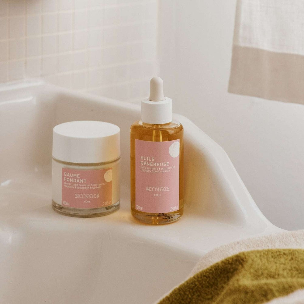 MINOIS PARIS pregnancy and post-partum oil bottle and balm jar with pink labels