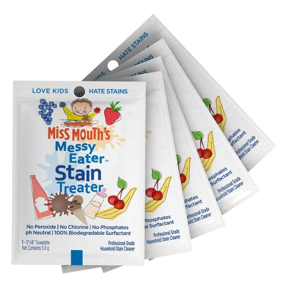 Miss Mouth's Messy Eater Stain Treater 5-pack, showing colorful fruit graphics and kid-friendly design in a fan display.