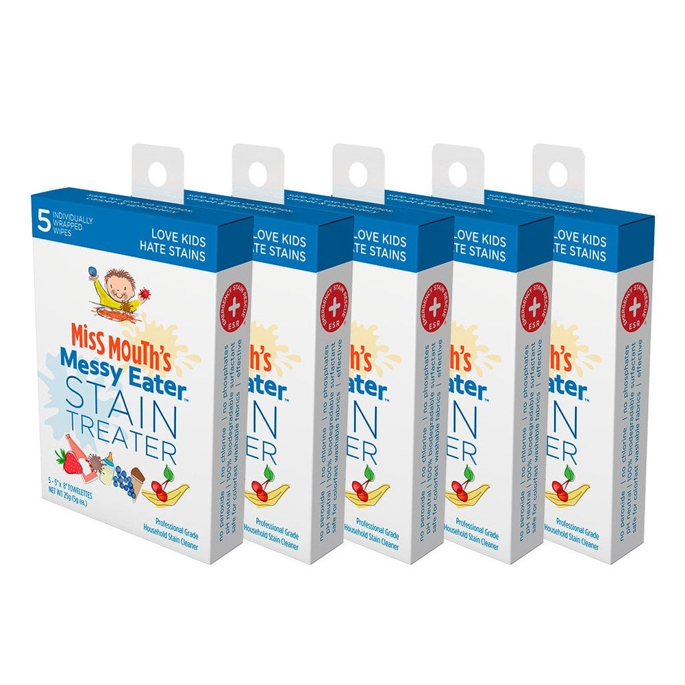Miss Mouth's Messy Eater Stain Treater five-pack fabric stain remover for kids, shown in blue packaging with fruit icons.