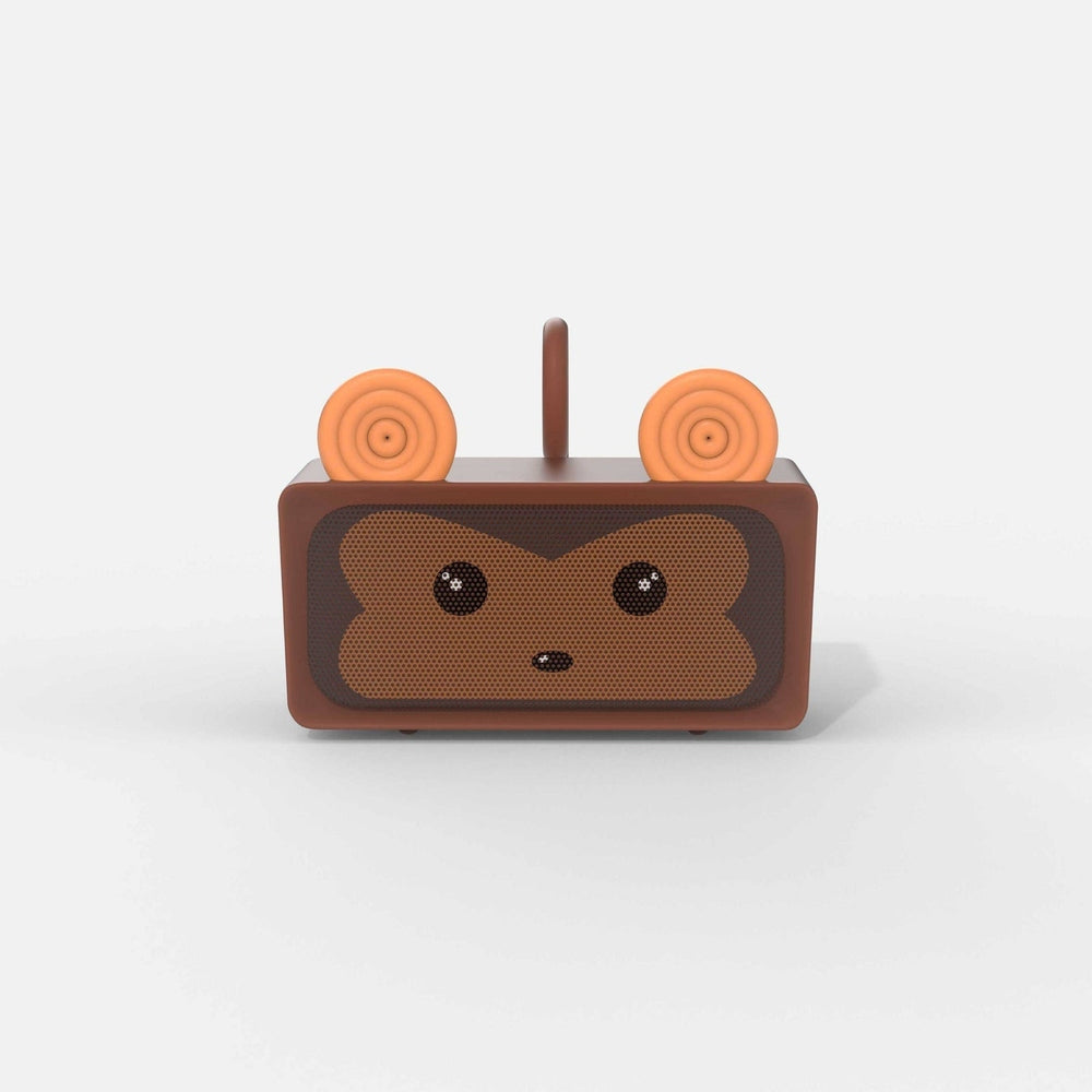 Mob Adorable Speaker-Monkey brown cube speaker with orange ears and monkey-face grille MOB brand