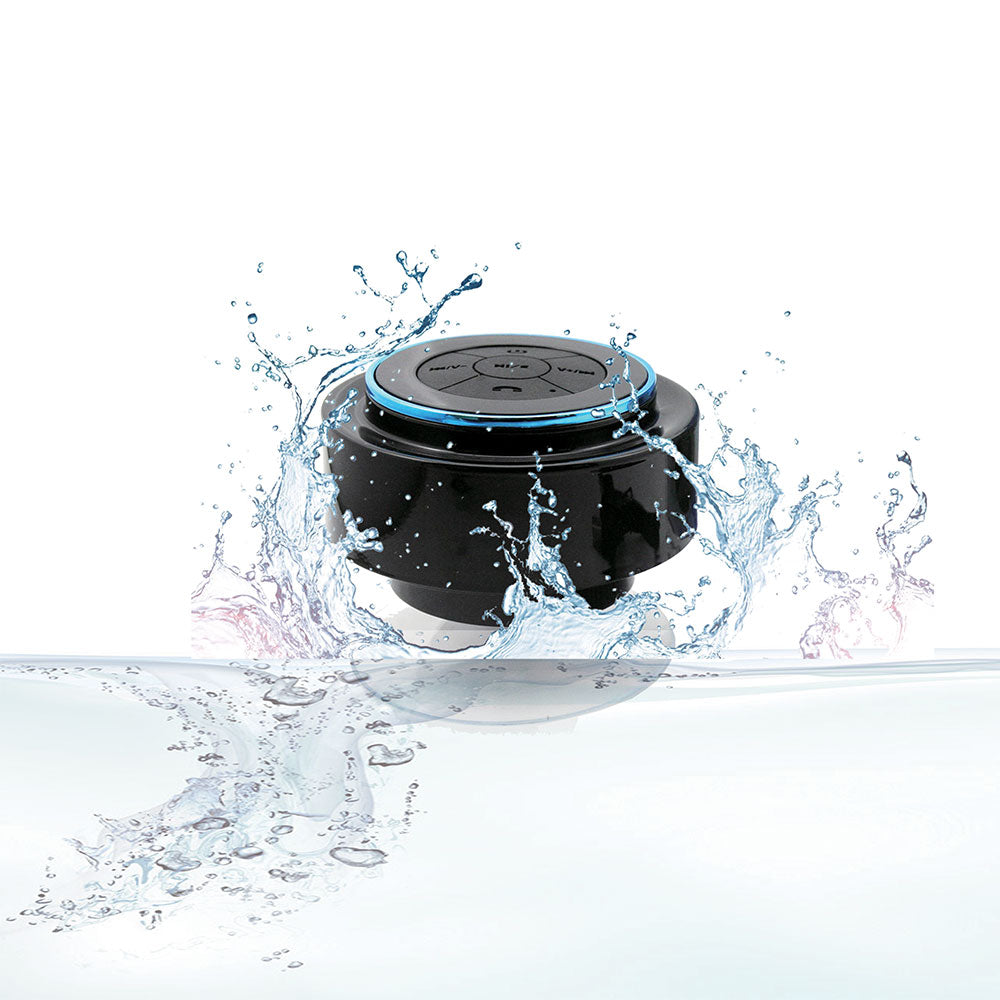 Mob Bluetooth waterproof speaker in black with blue ring, MOB brand, shown with water splashes