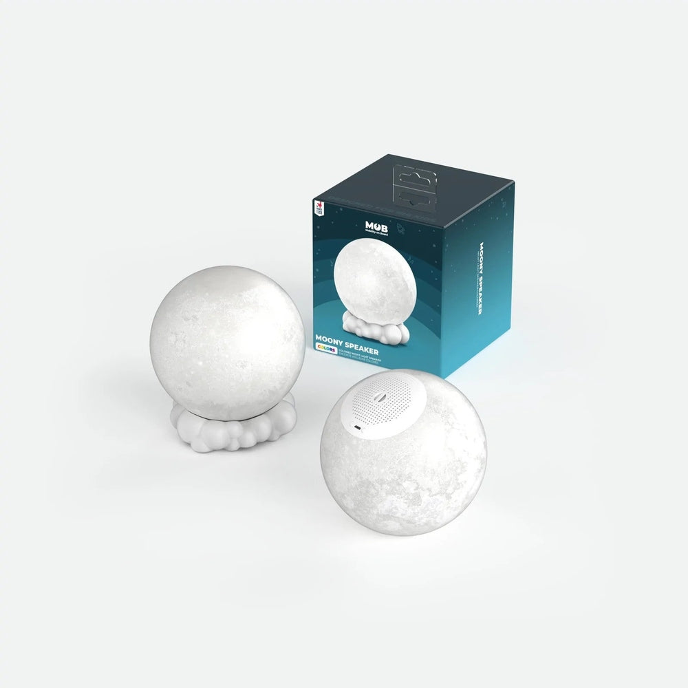 Mob Moony Light Speaker pair in white moon design with cloud bases; includes MOB box.