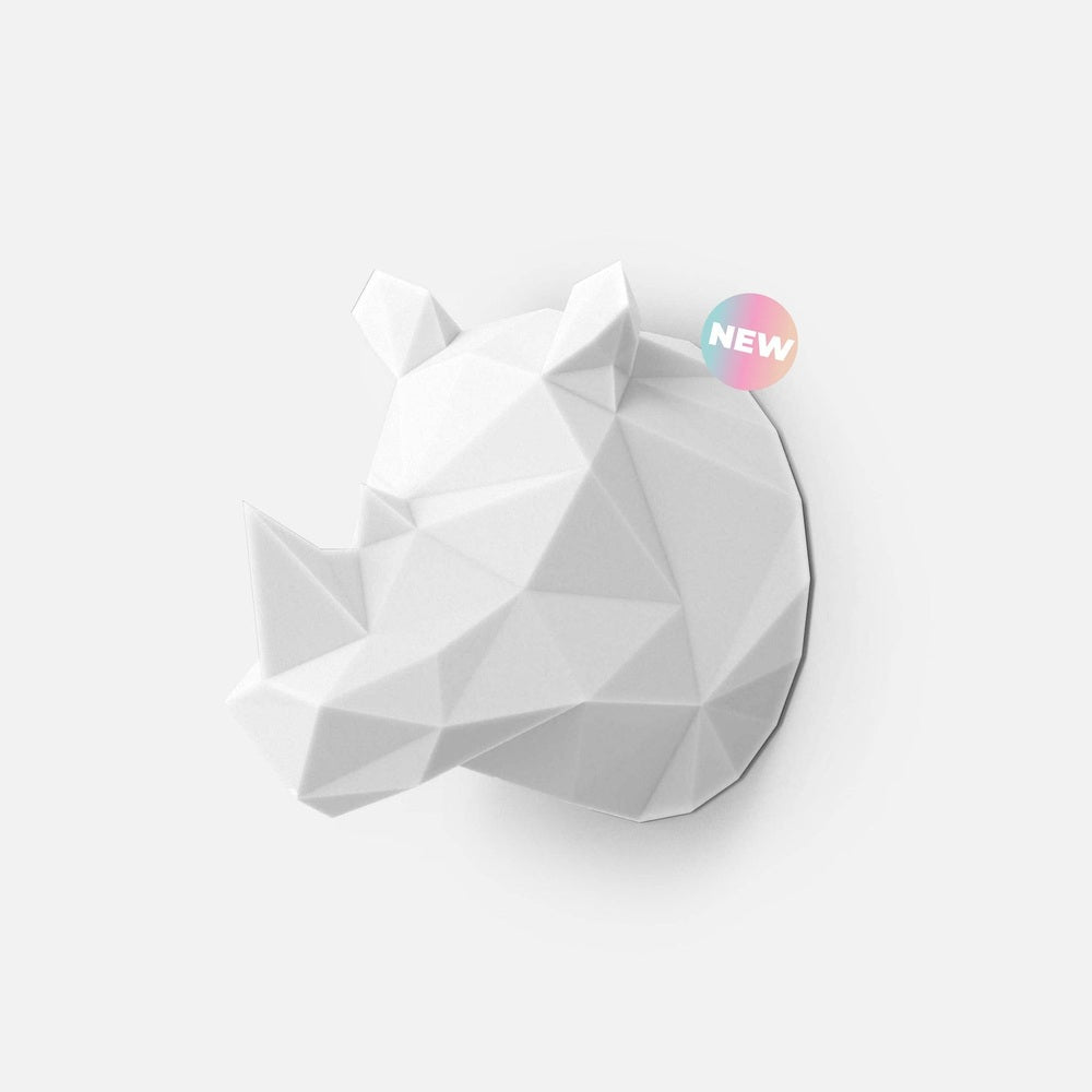 Mob Wall Night Light Rhino, white geometric polyhedron sculpture for ambient lighting by MOB