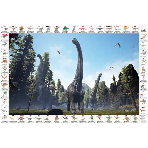 Moll Blotting Pad desk blotter framed by dinosaur icons around a prehistoric scene.