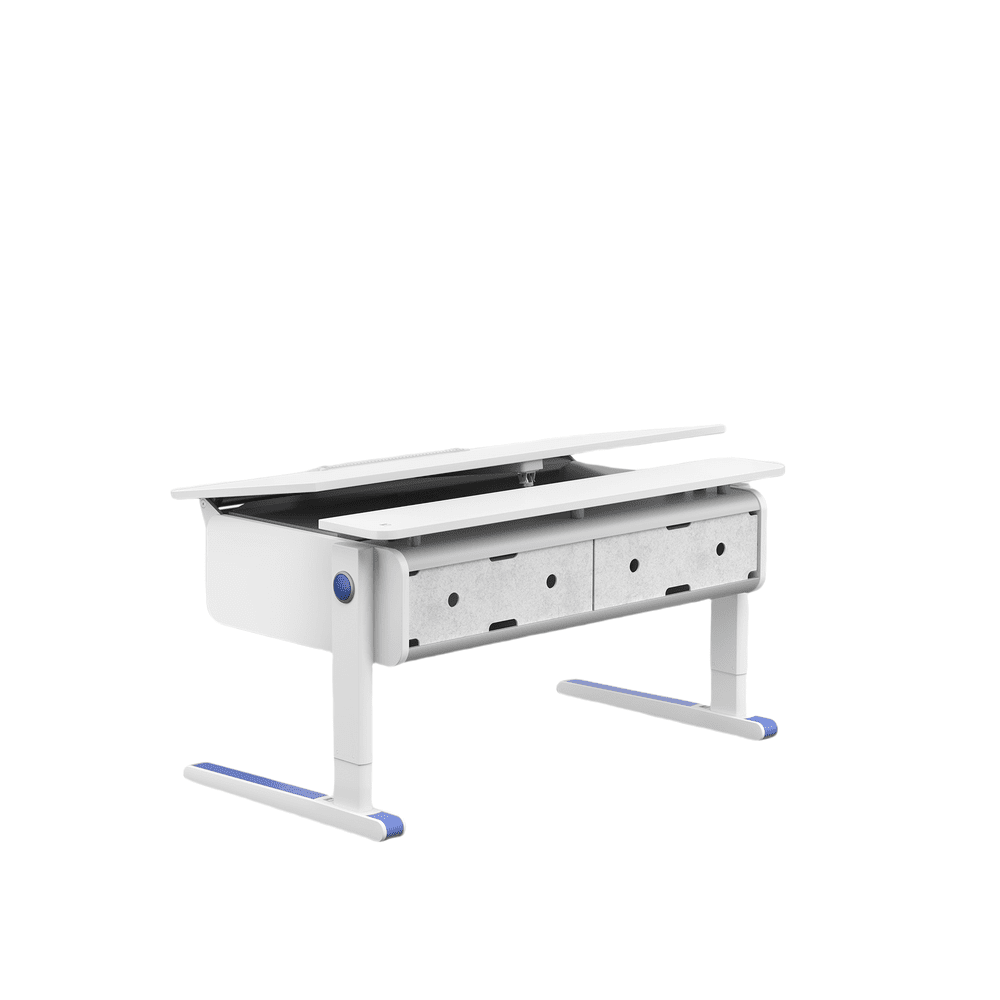 MOLL Champion Cable Duct Cover desk with white frame, blue feet, and two gray fabric drawers